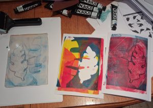 picture showing Gelli-plate printing process and pulled print made at Photoartcollections workshop in Peterborough 2560 x 1810